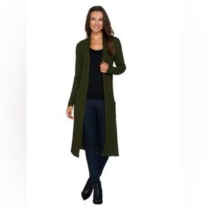 Lisa Rinna Collection Open Front Ribbed Knit Duster Cardigan Army Green Size S